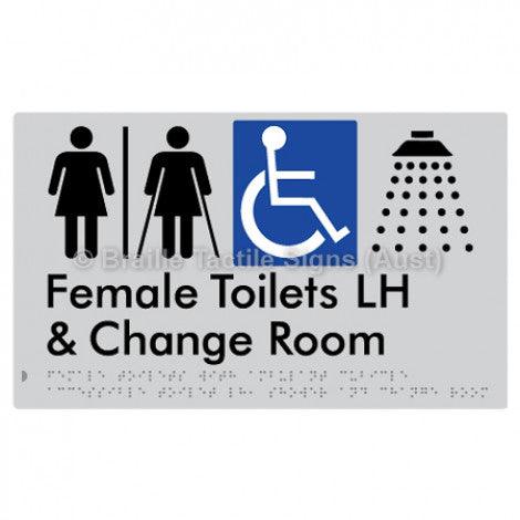 Braille Sign Female Toilets with Ambulant Cubicle Accessible Toilet LH, Shower and Change Room (Air Lock) - Braille Tactile Signs (Aust) - BTS366LH-AL-slv - Fully Custom Signs - Fast Shipping - High Quality - Australian Made &amp; Owned