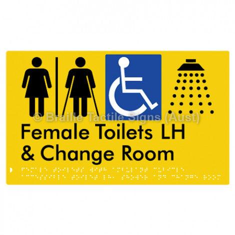 Braille Sign Female Toilets with Ambulant Cubicle Accessible Toilet LH, Shower and Change Room (Air Lock) - Braille Tactile Signs (Aust) - BTS366LH-AL-yel - Fully Custom Signs - Fast Shipping - High Quality - Australian Made &amp; Owned