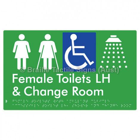 Braille Sign Female Toilets with Ambulant Cubicle Accessible Toilet LH, Shower and Change Room - Braille Tactile Signs (Aust) - BTS366LH-grn - Fully Custom Signs - Fast Shipping - High Quality - Australian Made &amp; Owned