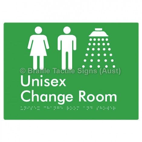 Braille Sign Unisex Change Room and Shower - Braille Tactile Signs (Aust) - BTS376-grn - Fully Custom Signs - Fast Shipping - High Quality - Australian Made &amp; Owned