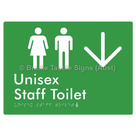 Braille Sign Unisex Staff Toilet w/ Large Arrow: - Braille Tactile Signs (Aust) - BTS42n->D-grn - Fully Custom Signs - Fast Shipping - High Quality - Australian Made &amp; Owned