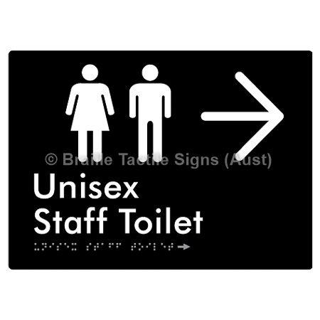 Braille Sign Unisex Staff Toilet w/ Large Arrow: - Braille Tactile Signs (Aust) - BTS42n->R-blk - Fully Custom Signs - Fast Shipping - High Quality - Australian Made &amp; Owned