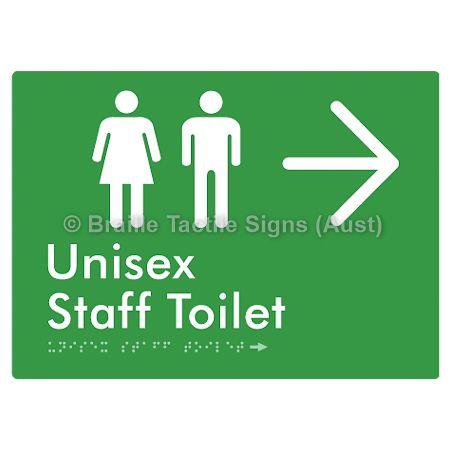 Braille Sign Unisex Staff Toilet w/ Large Arrow: - Braille Tactile Signs (Aust) - BTS42n->R-grn - Fully Custom Signs - Fast Shipping - High Quality - Australian Made &amp; Owned