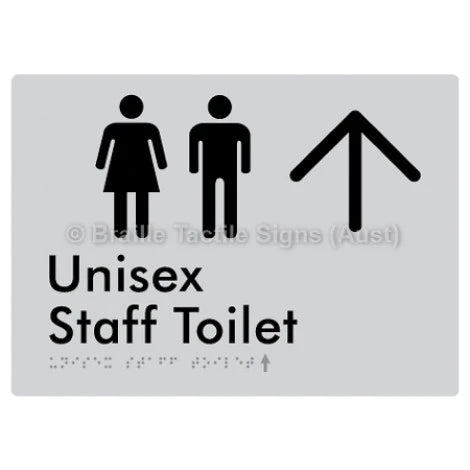 Braille Sign Unisex Staff Toilet w/ Large Arrow: - Braille Tactile Signs (Aust) - BTS42n->U-slv - Fully Custom Signs - Fast Shipping - High Quality - Australian Made &amp; Owned