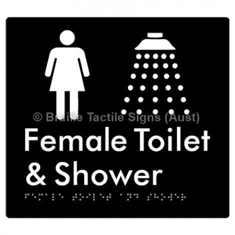 Braille Sign Female Toilet and Shower - Braille Tactile Signs (Aust) - BTS65n-blk - Fully Custom Signs - Fast Shipping - High Quality - Australian Made &amp; Owned