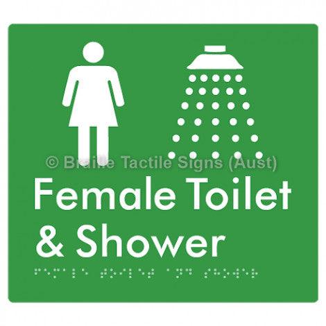Braille Sign Female Toilet and Shower - Braille Tactile Signs (Aust) - BTS65n-grn - Fully Custom Signs - Fast Shipping - High Quality - Australian Made &amp; Owned