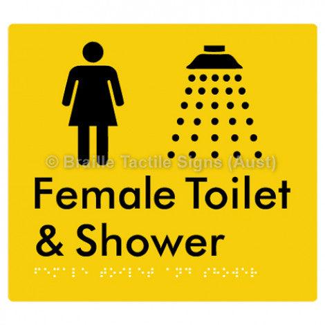 Braille Sign Female Toilet and Shower - Braille Tactile Signs (Aust) - BTS65n-yel - Fully Custom Signs - Fast Shipping - High Quality - Australian Made &amp; Owned