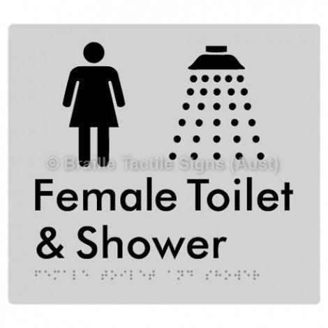 Braille Sign Female Toilet and Shower - Braille Tactile Signs (Aust) - BTS65n-slv - Fully Custom Signs - Fast Shipping - High Quality - Australian Made &amp; Owned