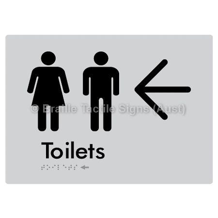 Braille Sign Toilets w/ Large Arrow: - Braille Tactile Signs (Aust) - BTS68->L-slv - Fully Custom Signs - Fast Shipping - High Quality - Australian Made &amp; Owned