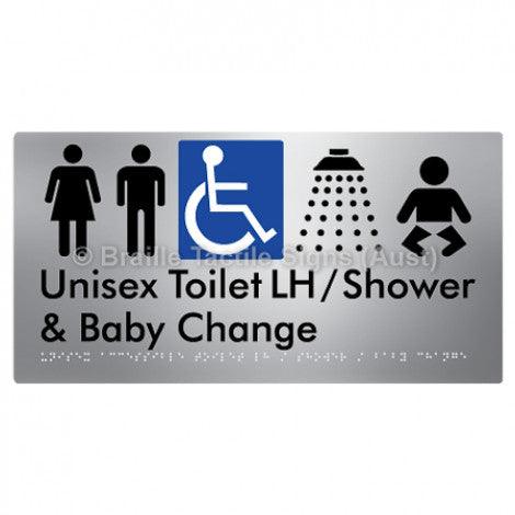 Braille Sign Unisex Accessible Toilet LH / Shower / Baby Change - Braille Tactile Signs (Aust) - BTS83LHn-aliS - Fully Custom Signs - Fast Shipping - High Quality - Australian Made &amp; Owned