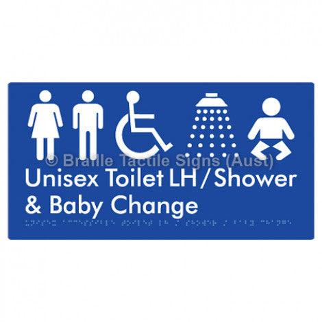 Braille Sign Unisex Accessible Toilet LH / Shower / Baby Change - Braille Tactile Signs (Aust) - BTS83LHn-blu - Fully Custom Signs - Fast Shipping - High Quality - Australian Made &amp; Owned