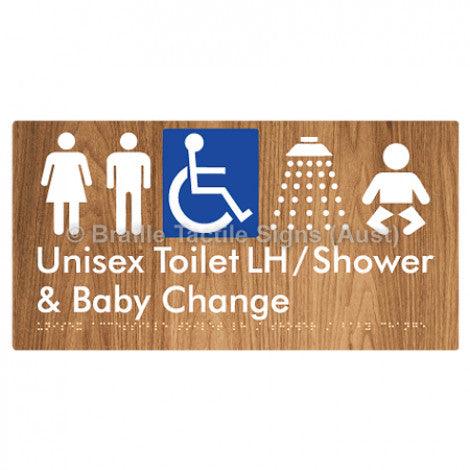 Braille Sign Unisex Accessible Toilet LH / Shower / Baby Change - Braille Tactile Signs (Aust) - BTS83LHn-wdg - Fully Custom Signs - Fast Shipping - High Quality - Australian Made &amp; Owned