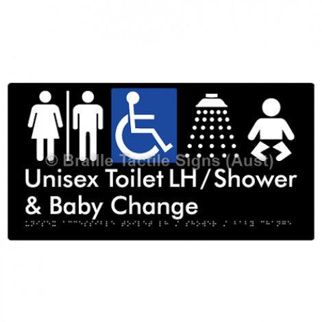 Braille Sign Unisex Accessible Toilet LH / Shower / Baby Change w/ Air Lock - Braille Tactile Signs (Aust) - BTS83LHn-AL-blk - Fully Custom Signs - Fast Shipping - High Quality - Australian Made &amp; Owned