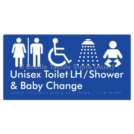 Braille Sign Unisex Accessible Toilet LH / Shower / Baby Change w/ Air Lock - Braille Tactile Signs (Aust) - BTS83LHn-AL-blu - Fully Custom Signs - Fast Shipping - High Quality - Australian Made &amp; Owned