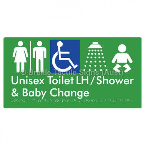 Braille Sign Unisex Accessible Toilet LH / Shower / Baby Change w/ Air Lock - Braille Tactile Signs (Aust) - BTS83LHn-AL-grn - Fully Custom Signs - Fast Shipping - High Quality - Australian Made &amp; Owned