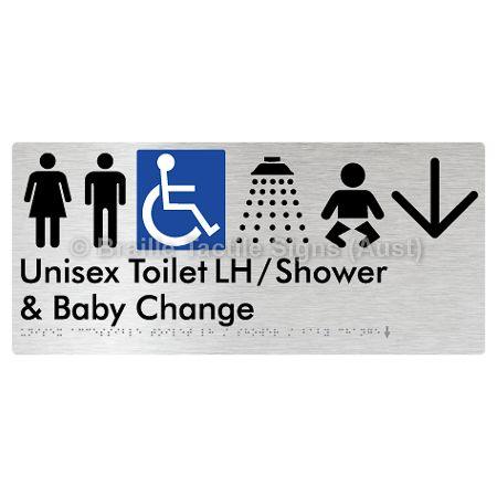 Braille Sign Unisex Accessible Toilet LH / Shower / Baby Change w/ Large Arrow: - Braille Tactile Signs (Aust) - BTS83LHn->D-aliB - Fully Custom Signs - Fast Shipping - High Quality - Australian Made &amp; Owned