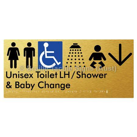 Braille Sign Unisex Accessible Toilet LH / Shower / Baby Change w/ Large Arrow: - Braille Tactile Signs (Aust) - BTS83LHn->D-aliG - Fully Custom Signs - Fast Shipping - High Quality - Australian Made &amp; Owned