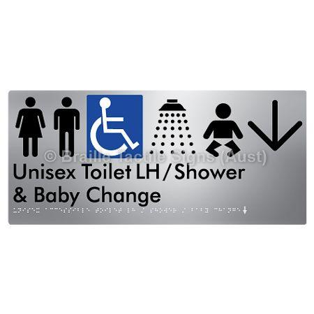 Braille Sign Unisex Accessible Toilet LH / Shower / Baby Change w/ Large Arrow: - Braille Tactile Signs (Aust) - BTS83LHn->D-aliS - Fully Custom Signs - Fast Shipping - High Quality - Australian Made &amp; Owned
