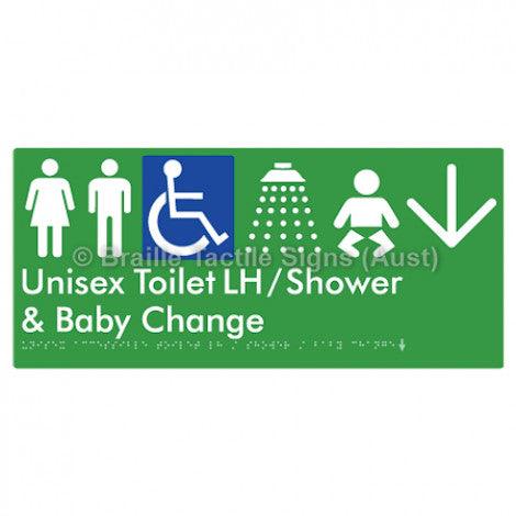 Braille Sign Unisex Accessible Toilet LH / Shower / Baby Change w/ Air Lock - Braille Tactile Signs (Aust) - BTS83LHn->D-grn - Fully Custom Signs - Fast Shipping - High Quality - Australian Made &amp; Owned