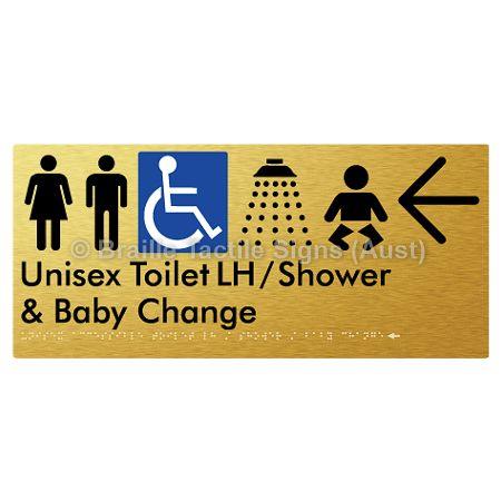 Braille Sign Unisex Accessible Toilet LH / Shower / Baby Change w/ Large Arrow: - Braille Tactile Signs (Aust) - BTS83LHn->L-aliG - Fully Custom Signs - Fast Shipping - High Quality - Australian Made &amp; Owned