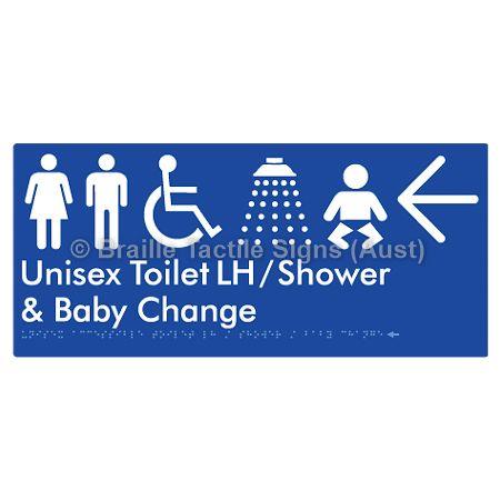 Braille Sign Unisex Accessible Toilet LH / Shower / Baby Change w/ Large Arrow: - Braille Tactile Signs (Aust) - BTS83LHn->L-blu - Fully Custom Signs - Fast Shipping - High Quality - Australian Made &amp; Owned