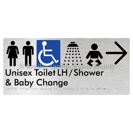 Braille Sign Unisex Accessible Toilet LH / Shower / Baby Change w/ Large Arrow: - Braille Tactile Signs (Aust) - BTS83LHn->R-aliB - Fully Custom Signs - Fast Shipping - High Quality - Australian Made &amp; Owned