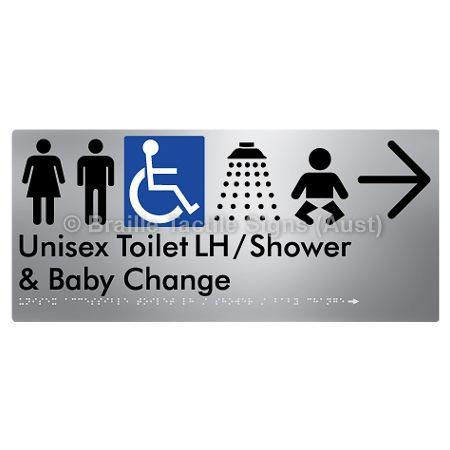 Braille Sign Unisex Accessible Toilet LH / Shower / Baby Change w/ Large Arrow: - Braille Tactile Signs (Aust) - BTS83LHn->R-aliS - Fully Custom Signs - Fast Shipping - High Quality - Australian Made &amp; Owned