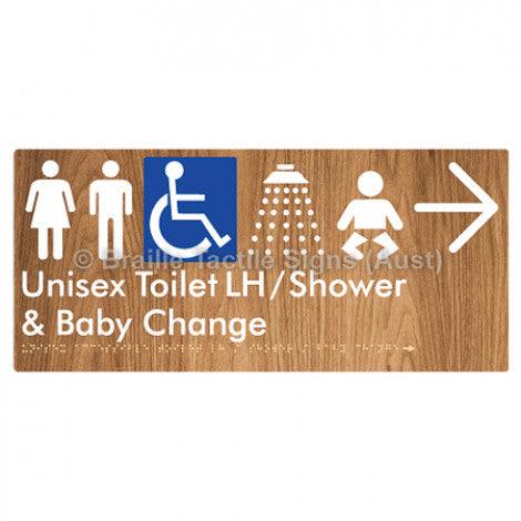 Braille Sign Unisex Accessible Toilet LH / Shower / Baby Change w/ Large Arrow: - Braille Tactile Signs (Aust) - BTS83LHn->L-blu - Fully Custom Signs - Fast Shipping - High Quality - Australian Made &amp; Owned
