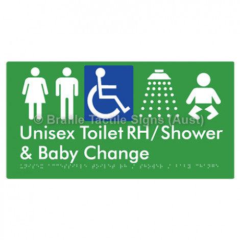 Braille Sign Unisex Accessible Toilet RH / Shower / Baby Change - Braille Tactile Signs (Aust) - BTS83RHn-grn - Fully Custom Signs - Fast Shipping - High Quality - Australian Made &amp; Owned