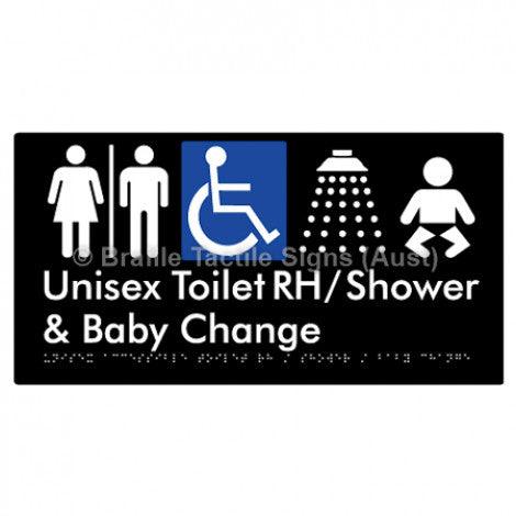 Braille Sign Unisex Accessible Toilet RH / Shower / Baby Change w/ Air Lock - Braille Tactile Signs (Aust) - BTS83RHn-AL-blk - Fully Custom Signs - Fast Shipping - High Quality - Australian Made &amp; Owned
