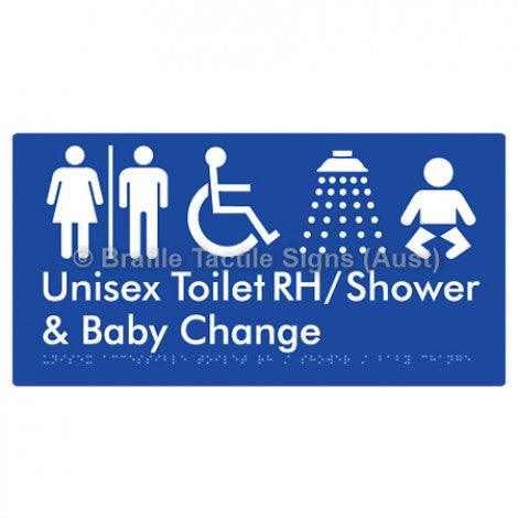 Braille Sign Unisex Accessible Toilet RH / Shower / Baby Change w/ Air Lock - Braille Tactile Signs (Aust) - BTS83RHn-AL-blu - Fully Custom Signs - Fast Shipping - High Quality - Australian Made &amp; Owned