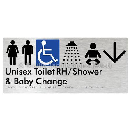 Braille Sign Unisex Accessible Toilet RH / Shower / Baby Change w/ Large Arrow: - Braille Tactile Signs (Aust) - BTS83RHn->D-aliB - Fully Custom Signs - Fast Shipping - High Quality - Australian Made &amp; Owned
