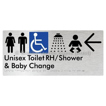 Braille Sign Unisex Accessible Toilet RH / Shower / Baby Change w/ Large Arrow: - Braille Tactile Signs (Aust) - BTS83RHn->L-aliB - Fully Custom Signs - Fast Shipping - High Quality - Australian Made &amp; Owned