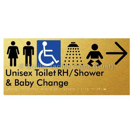 Braille Sign Unisex Accessible Toilet RH / Shower / Baby Change w/ Large Arrow: - Braille Tactile Signs (Aust) - BTS83RHn->R-aliG - Fully Custom Signs - Fast Shipping - High Quality - Australian Made &amp; Owned