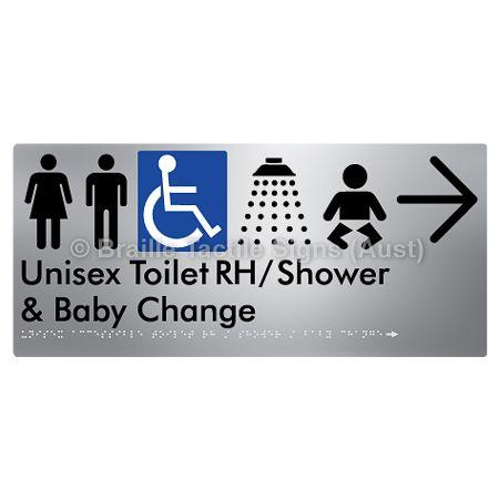 Braille Sign Unisex Accessible Toilet RH / Shower / Baby Change w/ Large Arrow: - Braille Tactile Signs (Aust) - BTS83RHn->R-aliS - Fully Custom Signs - Fast Shipping - High Quality - Australian Made &amp; Owned
