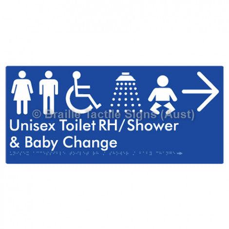 Braille Sign Unisex Accessible Toilet RH / Shower / Baby Change w/ Large Arrow: - Braille Tactile Signs (Aust) - BTS83RHn->L-blu - Fully Custom Signs - Fast Shipping - High Quality - Australian Made &amp; Owned