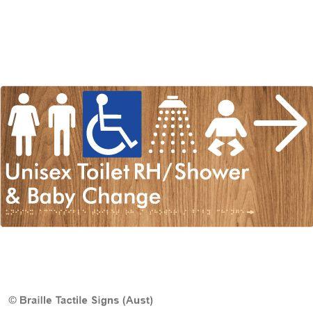 Braille Sign Unisex Accessible Toilet RH / Shower / Baby Change w/ Large Arrow: - Braille Tactile Signs (Aust) - BTS83RHn->R-wdg - Fully Custom Signs - Fast Shipping - High Quality - Australian Made &amp; Owned