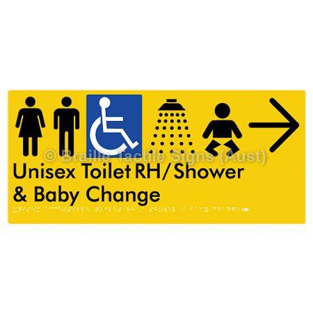 Braille Sign Unisex Accessible Toilet RH / Shower / Baby Change w/ Large Arrow: - Braille Tactile Signs (Aust) - BTS83RHn->R-yel - Fully Custom Signs - Fast Shipping - High Quality - Australian Made &amp; Owned