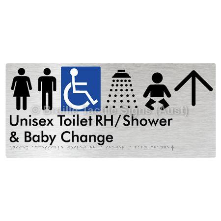 Braille Sign Unisex Accessible Toilet RH / Shower / Baby Change w/ Large Arrow: - Braille Tactile Signs (Aust) - BTS83RHn->U-aliB - Fully Custom Signs - Fast Shipping - High Quality - Australian Made &amp; Owned
