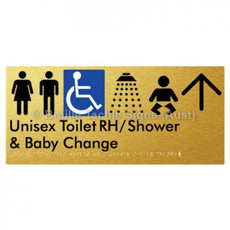 Braille Sign Unisex Accessible Toilet RH / Shower / Baby Change w/ Large Arrow: - Braille Tactile Signs (Aust) - BTS83RHn->L-blu - Fully Custom Signs - Fast Shipping - High Quality - Australian Made &amp; Owned