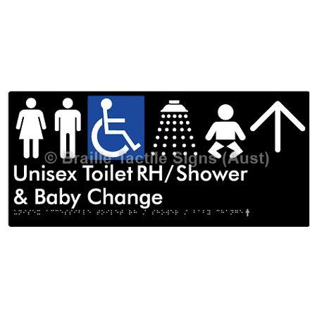 Braille Sign Unisex Accessible Toilet RH / Shower / Baby Change w/ Large Arrow: - Braille Tactile Signs (Aust) - BTS83RHn->L-blu - Fully Custom Signs - Fast Shipping - High Quality - Australian Made &amp; Owned