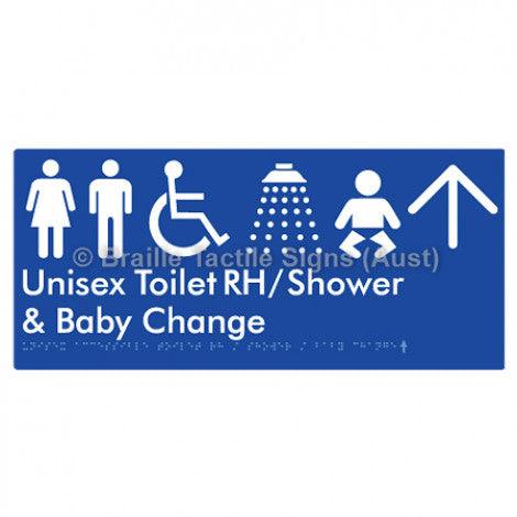 Braille Sign Unisex Accessible Toilet RH / Shower / Baby Change w/ Large Arrow: - Braille Tactile Signs (Aust) - BTS83RHn->L-blu - Fully Custom Signs - Fast Shipping - High Quality - Australian Made &amp; Owned