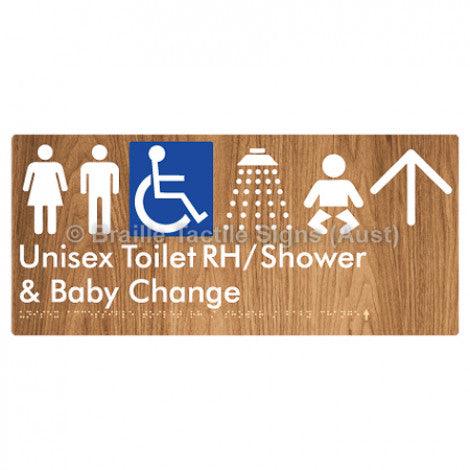 Braille Sign Unisex Accessible Toilet RH / Shower / Baby Change w/ Large Arrow: - Braille Tactile Signs (Aust) - BTS83RHn->L-blu - Fully Custom Signs - Fast Shipping - High Quality - Australian Made &amp; Owned