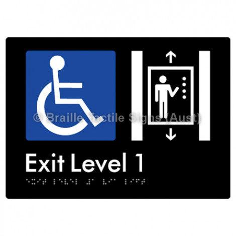 Braille Sign Exit Level 1 Via Lift - Braille Tactile Signs Aust. - BTS271-01-blk - Custom Signs - Fast Shipping - High Quality - Australian Made &amp; Owned