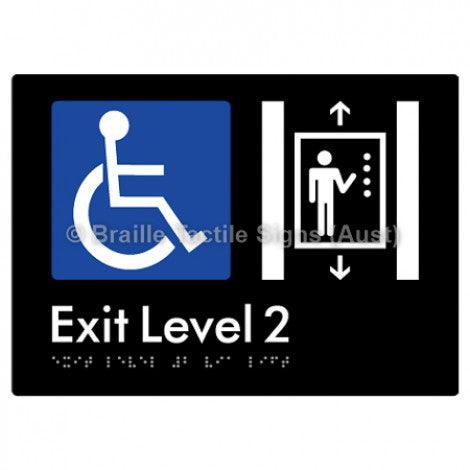 Braille Sign Exit Level 2 Via Lift - Braille Tactile Signs Aust. - BTS271-02-blk - Custom Signs - Fast Shipping - High Quality - Australian Made &amp; Owned