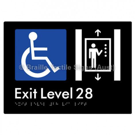 Braille Sign Exit Level 28 Via Lift - Braille Tactile Signs Aust. - BTS271-28-blk - Custom Signs - Fast Shipping - High Quality - Australian Made &amp; Owned