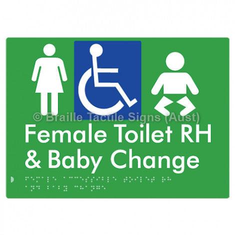 Braille Sign Female Accessible Toilet RH & Baby Change - Braille Tactile Signs Aust. - BTS372RH-grn - Custom Signs - Fast Shipping - High Quality - Australian Made &amp; Owned