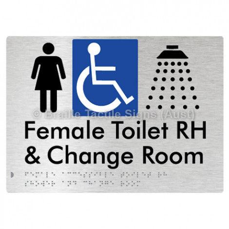 Braille Sign Female Accessible Toilet RH Shower & Change Room - Braille Tactile Signs Aust. - BTS290RH-aliB - Custom Signs - Fast Shipping - High Quality - Australian Made &amp; Owned