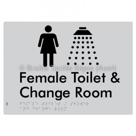 Braille Sign Female Toilet / Shower & Change Room - Braille Tactile Signs Aust. - BTS282-slv - Custom Signs - Fast Shipping - High Quality - Australian Made &amp; Owned