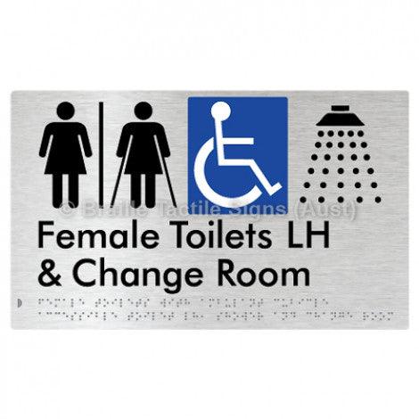 Braille Sign Female Toilets with Ambulant Cubicle Accessible Toilet LH, Shower and Change Room (Air Lock) - Braille Tactile Signs Aust. - BTS366LH-AL-aliB - Custom Signs - Fast Shipping - High Quality - Australian Made &amp; Owned